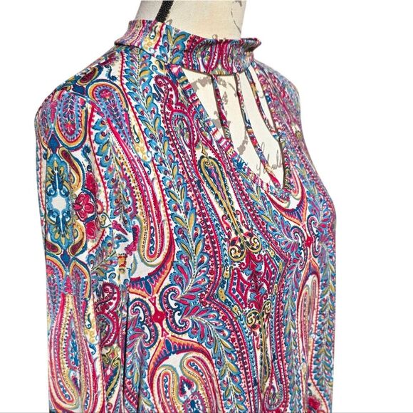 -1041 Paisley Print Boho Cut Out Chest Mock Neck 3/4 Sleeve Dress Medium - Picture 2 of 7